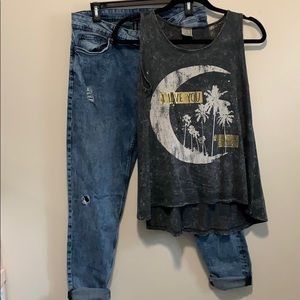 American Age Stone Wash Lace Back Graphic Tank Top